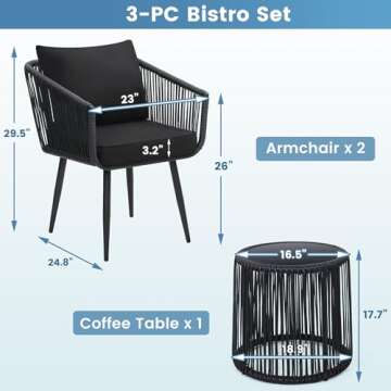 Kromax 3 Piece Patio Rattan Bistro Conversation Set, Outdoor All Weather Wicker Furniture Chairs and Side Table Set, Ideal for Balcony, Porch and Backyard, Black