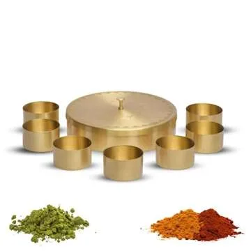 SEMPYIX HandCraft Brass Masala Box Set with Spoon Container 90 ML-Food Spice Storage Rack Indian Boxes Dani Dabba -kitchen (8-INCH)