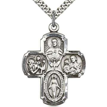 Heartland Men's Catholic 4 Way Cross Sterling Silver Medal Necklace- Handcrafted in USA, Tarnish Res...