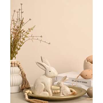 WONDROUS' DECO Wooden Vintage White Easter Bunny Figurines, Small Decorative Easter Bunny Statue Set...