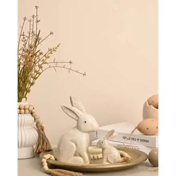 WONDROUS' DECO Wooden Vintage White Easter Bunny Figurines, Small Decorative Easter Bunny Statue Set...