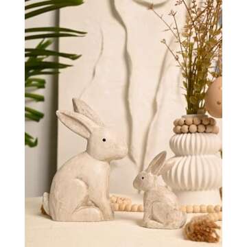 WONDROUS' DECO Wooden Vintage White Easter Bunny Figurines, Small Decorative Easter Bunny Statue Set of 2, Easter Rabbit Table Home Decoration, Gift