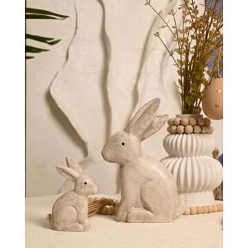 WONDROUS' DECO Wooden Vintage White Easter Bunny Figurines, Small Decorative Easter Bunny Statue Set of 2, Easter Rabbit Table Home Decoration, Gift