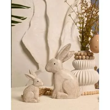 WONDROUS' DECO Wooden Vintage White Easter Bunny Figurines, Small Decorative Easter Bunny Statue Set of 2, Easter Rabbit Table Home Decoration, Gift