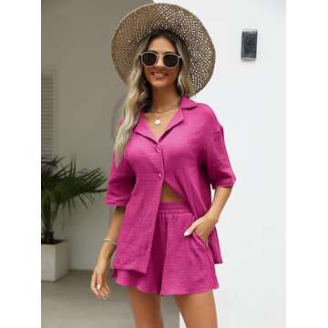 AUTOMET 2 Piece Sets For Women Lounge Wear Matching Two Piece Pajama Fashion Oversized Shirts And Shorts Spring Outfit 2025 HotPink02 S