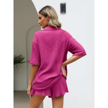 AUTOMET 2 Piece Sets For Women Lounge Wear Matching Two Piece Pajama Fashion Oversized Shirts And Shorts Spring Outfit 2025 HotPink02 S