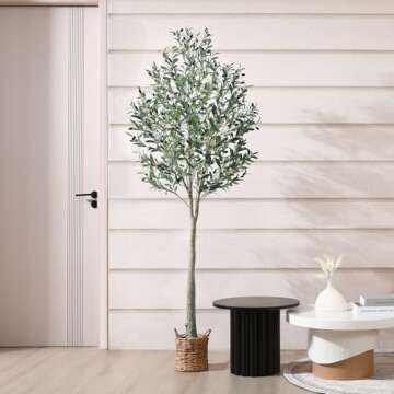 SOGUYI Artificial Olive Tree 7ft Tall Fake Plant, Faux Olive Tree Topiary Silk Trees with Handmade W...