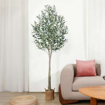 SOGUYI Artificial Olive Tree 7ft Tall Fake Plant, Faux Olive Tree Topiary Silk Trees with Handmade Woven Basket Planter, Artificial Floor Plants for Home Office Living Room Indoor Decor(Set of 1)