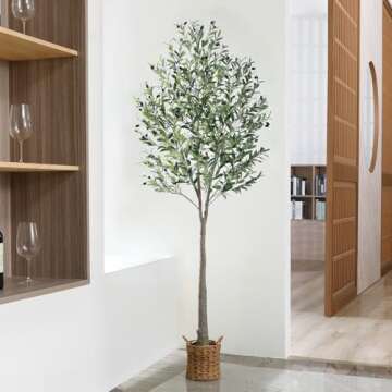 SOGUYI Artificial Olive Tree 7ft Tall Fake Plant, Faux Olive Tree Topiary Silk Trees with Handmade Woven Basket Planter, Artificial Floor Plants for Home Office Living Room Indoor Decor(Set of 1)