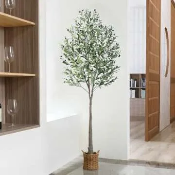 SOGUYI Artificial Olive Tree 7ft Tall Fake Plant, Faux Olive Tree Topiary Silk Trees with Handmade Woven Basket Planter, Artificial Floor Plants for Home Office Living Room Indoor Decor(Set of 1)