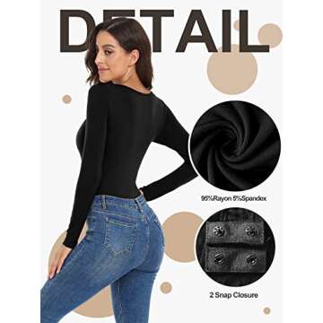 JUEYUN Women Square Neck Bodysuits Long Sleeve Bodysuit Sexy Slim Fit Body Suit Jumpsuit Basic T shirt Tops,Black,XL