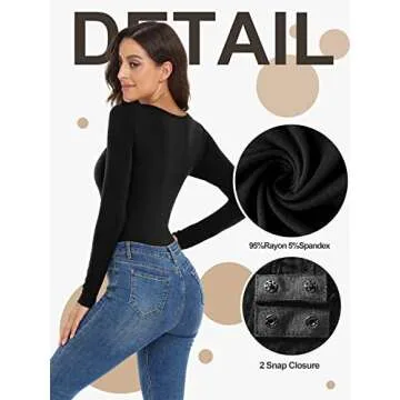JUEYUN Women Square Neck Bodysuits Long Sleeve Bodysuit Sexy Slim Fit Body Suit Jumpsuit Basic T shirt Tops,Black,XL