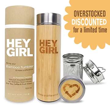 Hey Girl Bamboo Tea Infuser Bottle - Insulated Stainless Steel Thermos - 18 oz