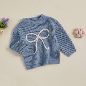 Aiwpstoin Baby Girl Knit Sweater Cute Bow Chunky Knitted Pullover Sweatshirt Toddler Girls Fall Winter Clothes (Blue, 2-3 Years)