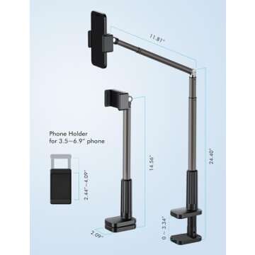 Viozon Phone Holder, Flexible Long Arm,Overhead Mount,360° Angle Adjustable,Aluminum Alloy, C Clamp for Headboard Bedside&Table&Desk,Compatible with 3.5"-6.9" Phone,iPhone 16 15Plus / Pro Max