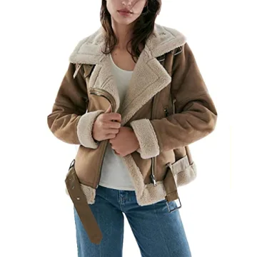 LY VAREY LIN Women's Faux Shearing Moto Jacket Thick Lined Parka Winter Shearling Coat Leather Jacket (Faux Suede Lambs Brown, L)