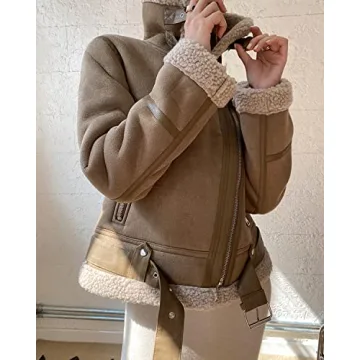 LY VAREY LIN Women's Faux Shearing Moto Jacket Thick Lined Parka Winter Shearling Coat Leather Jacket (Faux Suede Lambs Brown, L)