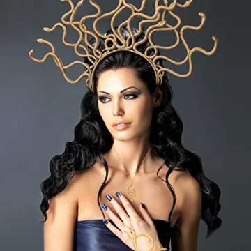 3 Pcs Halloween Medusa Snake Costume Medusa Headpiece Headband Adjustable Ring Bracelet Hand Chain Gold Rhinestone Pendant Snake Necklace for Women Jewelry Accessories