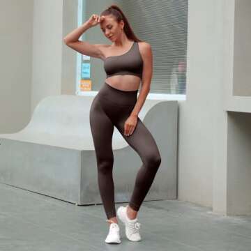 Sportneer Workout Sets for Women 2 Piece, Ribbed Seamless Cute One Shoulder Sports Bra and High Waisted Leggings Matching Gym Yoga Set Outfits Work Out Set Coffee M