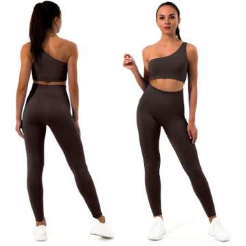 Sportneer Workout Sets for Women 2 Piece, Ribbed Seamless Cute One Shoulder Sports Bra and High Waisted Leggings Matching Gym Yoga Set Outfits Work Out Set Coffee M