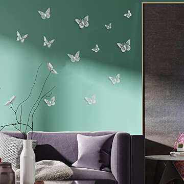 SAOROPEB 3D Butterfly Wall Decor, 48 Pcs 4 Styles 3 Sizes, Removable Metallic Wall Sticker Room Mural Decals for Kids Bedroom Nursery Classroom Party Decoration Wedding Decor DIY Gift (Sliver)