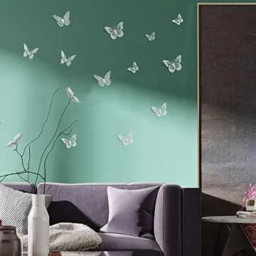 SAOROPEB 3D Butterfly Wall Decor, 48 Pcs 4 Styles 3 Sizes, Removable Metallic Wall Sticker Room Mural Decals for Kids Bedroom Nursery Classroom Party Decoration Wedding Decor DIY Gift (Sliver)