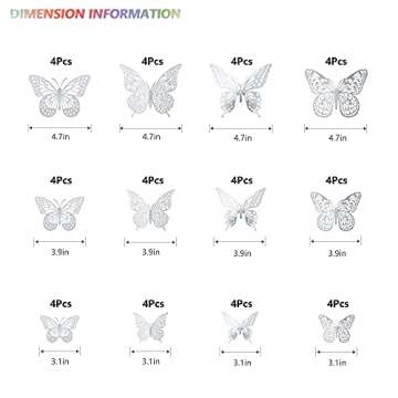 SAOROPEB 3D Butterfly Wall Decor, 48 Pcs 4 Styles 3 Sizes, Removable Metallic Wall Sticker Room Mural Decals for Kids Bedroom Nursery Classroom Party Decoration Wedding Decor DIY Gift (Sliver)