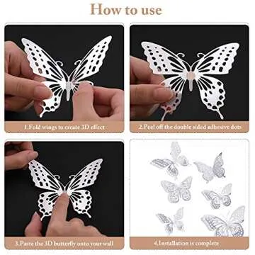 SAOROPEB 3D Butterfly Wall Decor, 48 Pcs 4 Styles 3 Sizes, Removable Metallic Wall Sticker Room Mural Decals for Kids Bedroom Nursery Classroom Party Decoration Wedding Decor DIY Gift (Sliver)