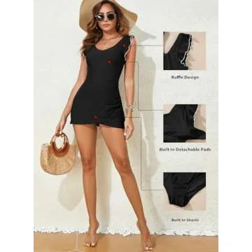 Aleumdr Women's One Piece Swimdress Ruffle V Neck Swimsuit Modest Tummy Control Slimming Bathing Suit with Skirt Black Large