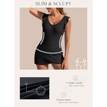 Aleumdr Women's One Piece Swimdress Ruffle V Neck Swimsuit Modest Tummy Control Slimming Bathing Suit with Skirt Black Large