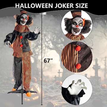Hourleey Halloween Outdoor Standing Clown Decoration, Life Size Animatronic Clown Scary The Talking Clown Prop with Flashing Red Eyes, Indoor Outdoor Halloween Decoration