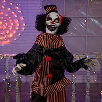 Hourleey Halloween Outdoor Standing Clown Decoration, Life Size Animatronic Clown Scary The Talking Clown Prop with Flashing Red Eyes, Indoor Outdoor Halloween Decoration