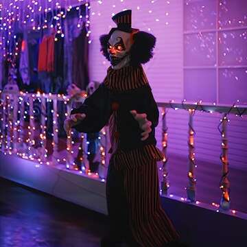 Hourleey Halloween Outdoor Standing Clown Decoration, Life Size Animatronic Clown Scary The Talking Clown Prop with Flashing Red Eyes, Indoor Outdoor Halloween Decoration