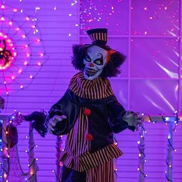 Hourleey Halloween Outdoor Standing Clown Decoration, Life Size Animatronic Clown Scary The Talking Clown Prop with Flashing Red Eyes, Indoor Outdoor Halloween Decoration