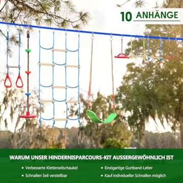 Ninja Obstacle Course for Kids Backyard - 10 Durable Obstacles and 60' Slackline - Outdoor Warrior Obstacle Playset Equipment with Gymnastic Ring, Rope Ladder, Ninja Wheel, Climbing Rope Swing