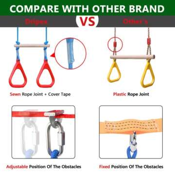 Ninja Obstacle Course for Kids Backyard - 10 Durable Obstacles and 60' Slackline - Outdoor Warrior Obstacle Playset Equipment with Gymnastic Ring, Rope Ladder, Ninja Wheel, Climbing Rope Swing