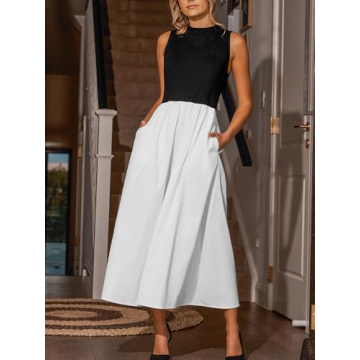 CUPSHE Casual Dress for Women 2024 Round Neck Sleeveless Tank Block Skirt Pockets Maxi Formal Dress White, L