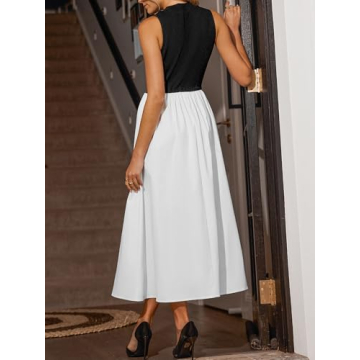 CUPSHE Casual Dress for Women 2024 Round Neck Sleeveless Tank Block Skirt Pockets Maxi Formal Dress White, L
