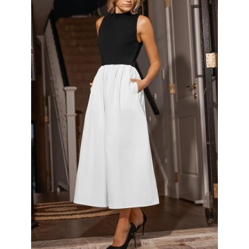 CUPSHE Casual Dress for Women 2024 Round Neck Sleeveless Tank Block Skirt Pockets Maxi Formal Dress White, L