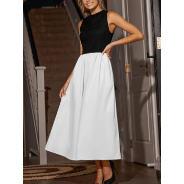 CUPSHE Casual Dress for Women 2024 Round Neck Sleeveless Tank Block Skirt Pockets Maxi Formal Dress White, L