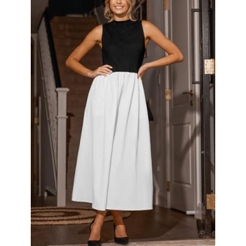 CUPSHE Casual Dress for Women 2024 Round Neck Sleeveless Tank Block Skirt Pockets Maxi Formal Dress White, L