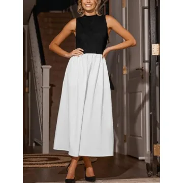 CUPSHE Casual Dress for Women 2024 Round Neck Sleeveless Tank Block Skirt Pockets Maxi Formal Dress White, L