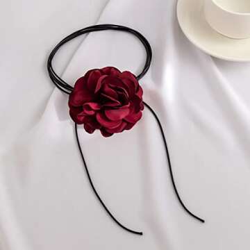 Bethynas Vintage Flower Choker Necklace Gothic Large Rose Neck Chain Long Wrap Leather Collar Tie Floral Women Neck Accessories Bridal Party Jewelry for Women (Style 2- Red)