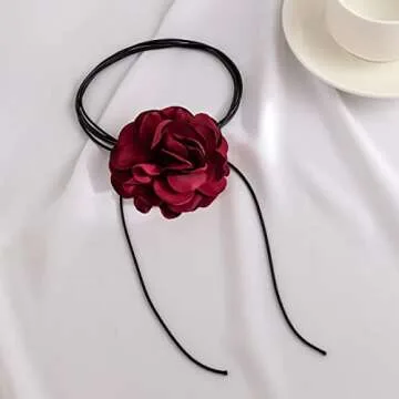 Bethynas Vintage Flower Choker Necklace Gothic Large Rose Neck Chain Long Wrap Leather Collar Tie Floral Women Neck Accessories Bridal Party Jewelry for Women (Style 2- Red)