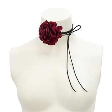 Bethynas Vintage Flower Choker Necklace Gothic Large Rose Neck Chain Long Wrap Leather Collar Tie Floral Women Neck Accessories Bridal Party Jewelry for Women (Style 2- Red)