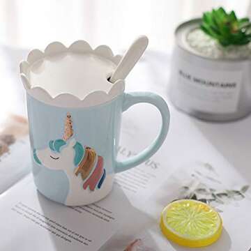 BigNoseDeer Unicorn Mug Cute Ceramic Coffee Mug with Lid Spoon,Cute Mugs for Coffee Tea Milk Unicorn Gifts for Girls Cute Gifts for Women (Blue 13oz)