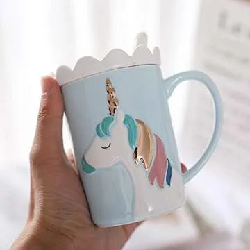 BigNoseDeer Unicorn Mug Cute Ceramic Coffee Mug with Lid Spoon,Cute Mugs for Coffee Tea Milk Unicorn Gifts for Girls Cute Gifts for Women (Blue 13oz)