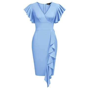 Knitee Women's Deep-V Neck Ruffle Sleeves Cocktail Party Pencil Slit Formal Dress (Light Blue, Large)