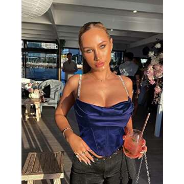 ZAKINUVA Sexy Bustier for Women Fishboned Corset Top Ruched Satin Crop Top Back Low Cut Clubwear(Navy Blue,Large)