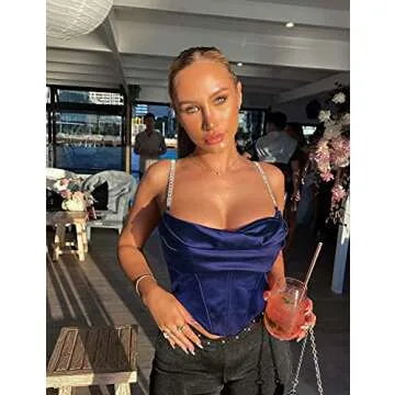 ZAKINUVA Sexy Bustier for Women Fishboned Corset Top Ruched Satin Crop Top Back Low Cut Clubwear(Navy Blue,Large)